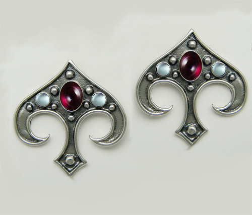 Sterling Silver Gothic Inspired Drop Dangle Earrings With Garnet And Blue Topaz